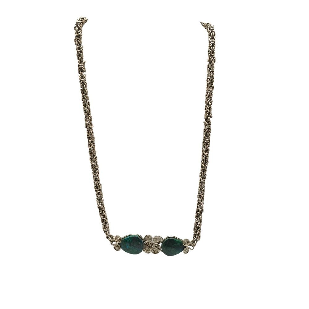Peruvian Inspired Handwoven Mixed Metal Wirework Bracelet Chrysocolla Stone